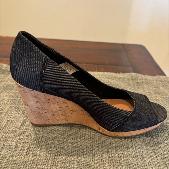 Toms Black Denim Stella Peep-Toe Cork Wedge Heels - Picture 9 of 13